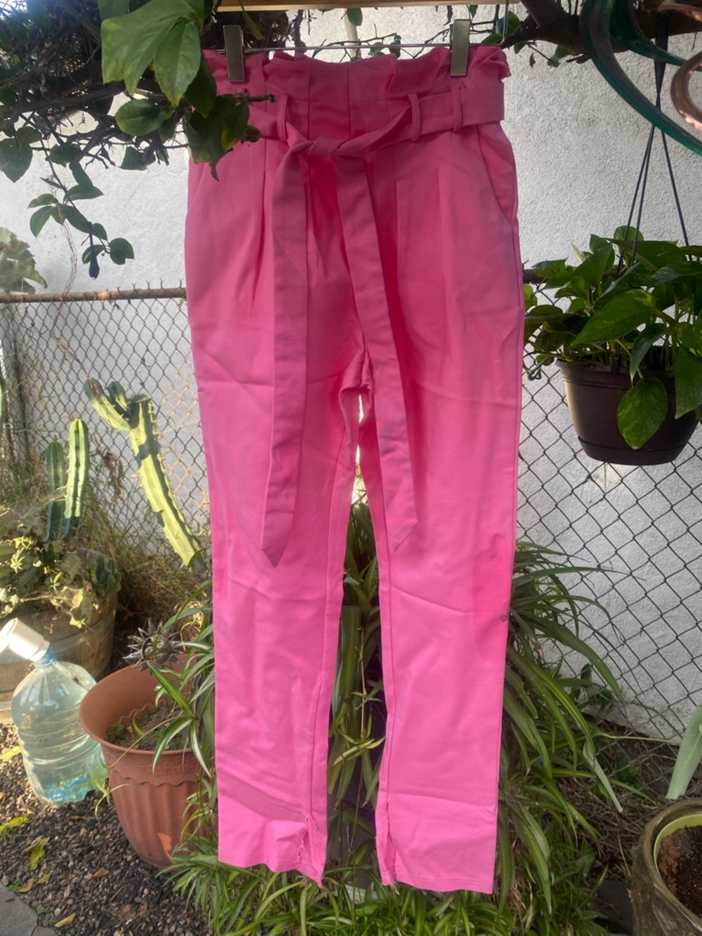 AKIRA Hot Pink High-Waist Tie-Belt Trousers